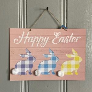 NWT Trio of Gingham Glittered Happy Easter Bunnies 🐇 Slatted Wood Decor Sign